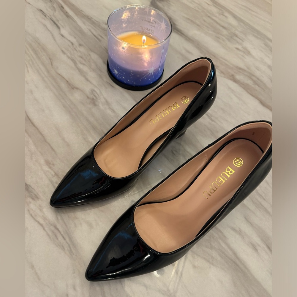 BUEUPU Womens Black Chunky Heels Closed Pointed Toe New